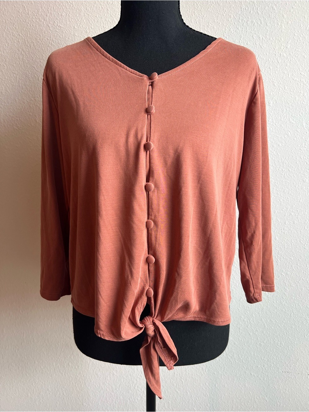 Green Envelope Rust Button Front Tie Hem Blouse Womens Small V Neck Top